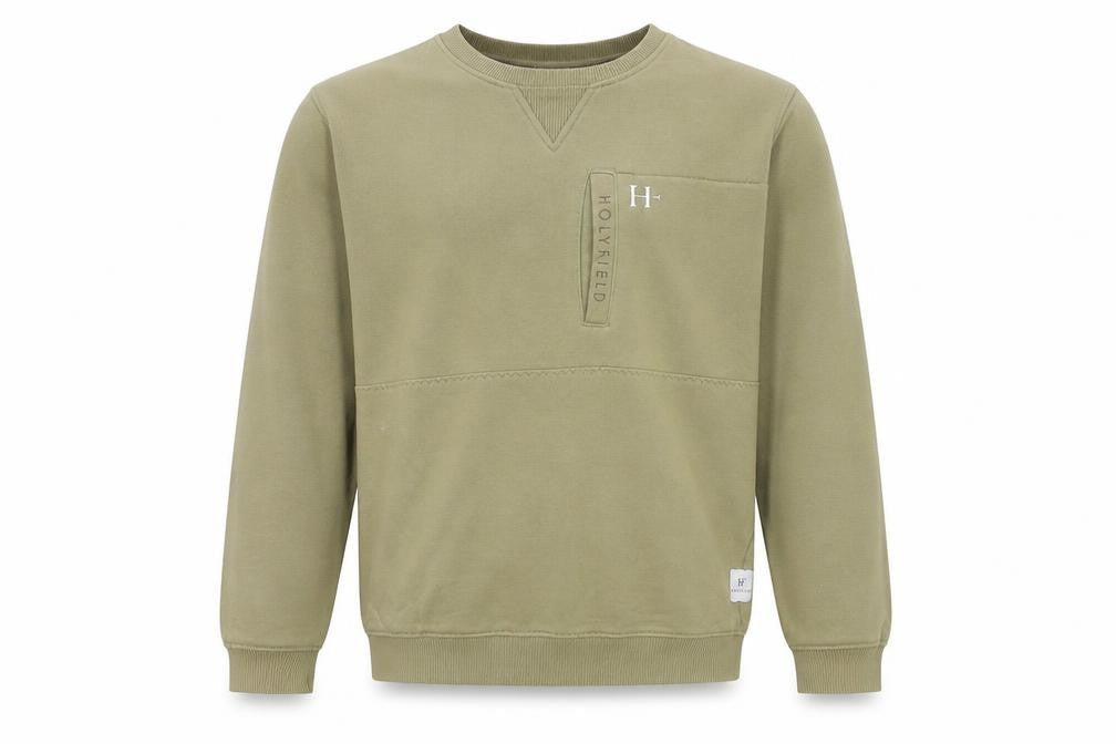 Front view of Holyfield boys’ green pullover sweatshirt 14-16y regular fit crew neck