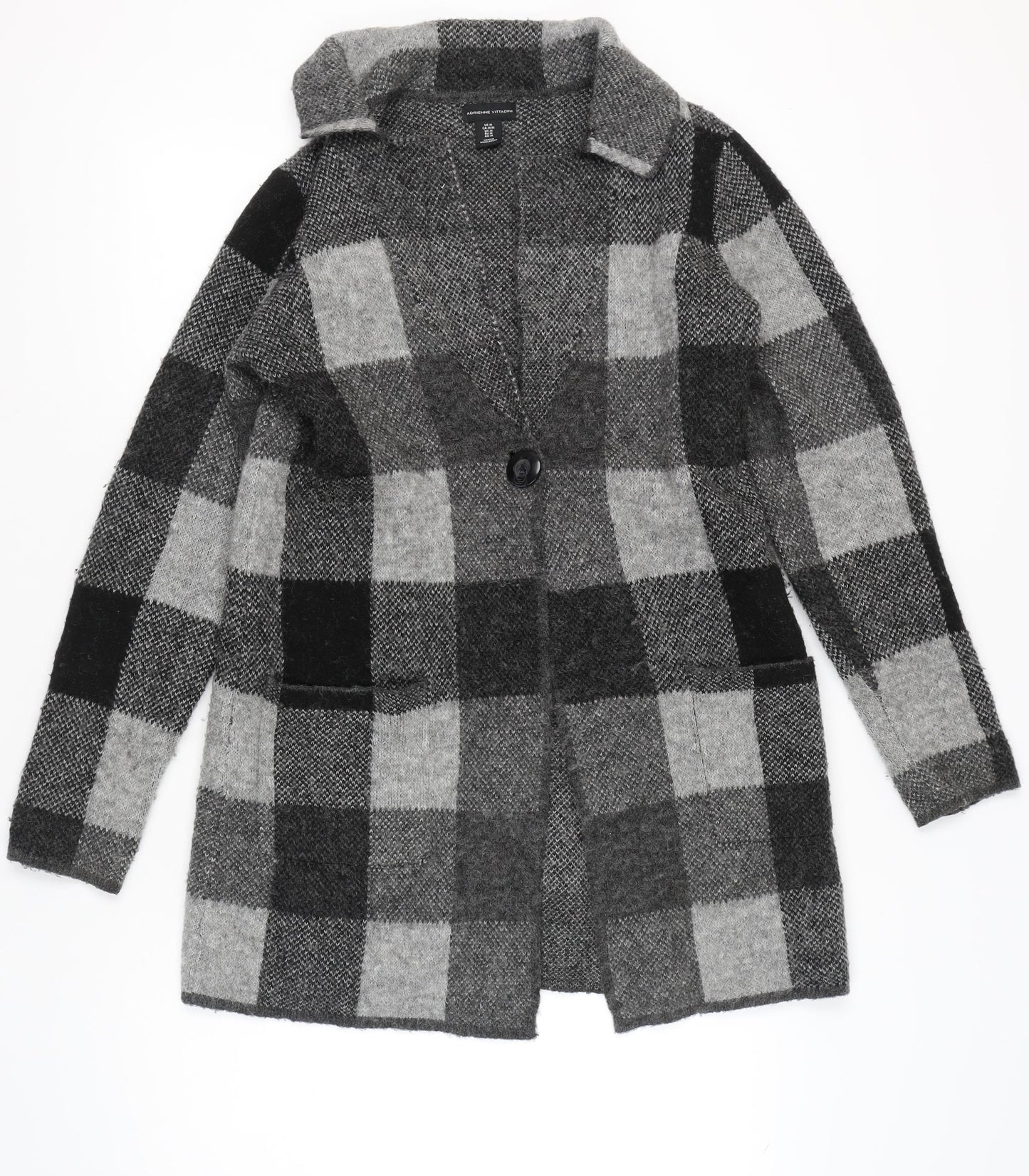 Adrienne Vittadini Women Grey Check Cardigan M Wool Blend Long Sleeve