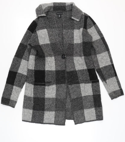 Adrienne Vittadini Women Grey Check Cardigan M Wool Blend Long Sleeve