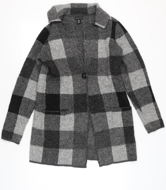 Adrienne Vittadini Women Grey Check Cardigan M Wool Blend Long Sleeve