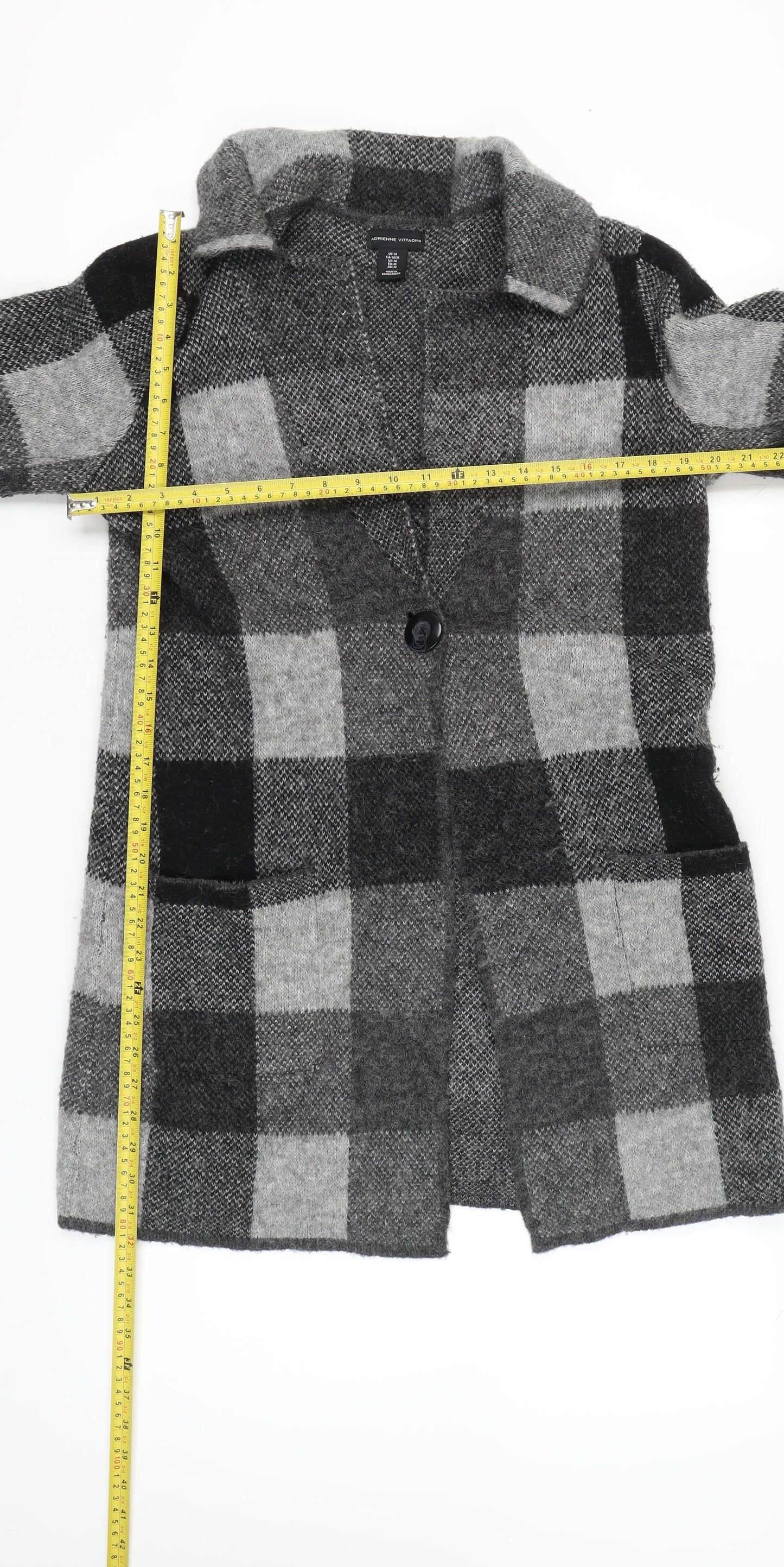 Adrienne Vittadini Women Grey Check Cardigan M Wool Blend Long Sleeve