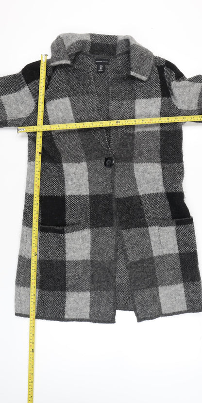 Adrienne Vittadini Women Grey Check Cardigan M Wool Blend Long Sleeve