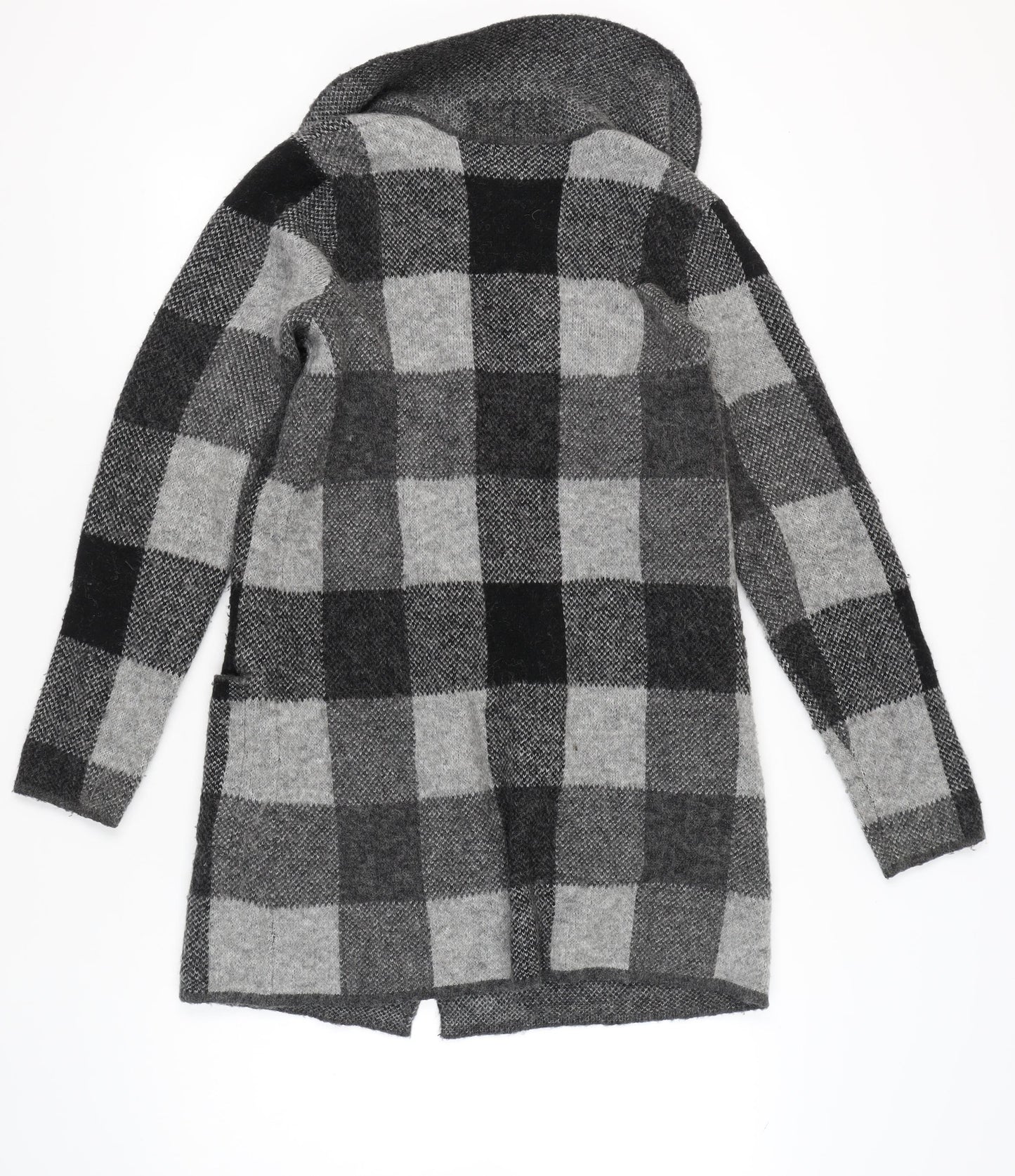 Adrienne Vittadini Women Grey Check Cardigan M Wool Blend Long Sleeve