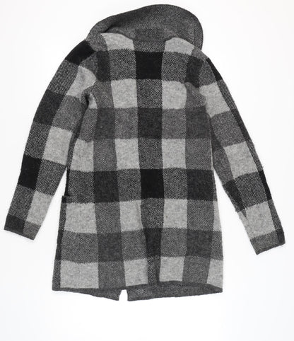 Adrienne Vittadini Women Grey Check Cardigan M Wool Blend Long Sleeve