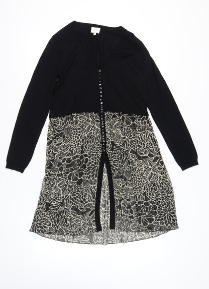 EAST Womens Black Floral Tunic Blouse M Long Sleeve Viscose Wool