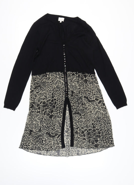 EAST Womens Black Floral Tunic Blouse M Long Sleeve Viscose Wool