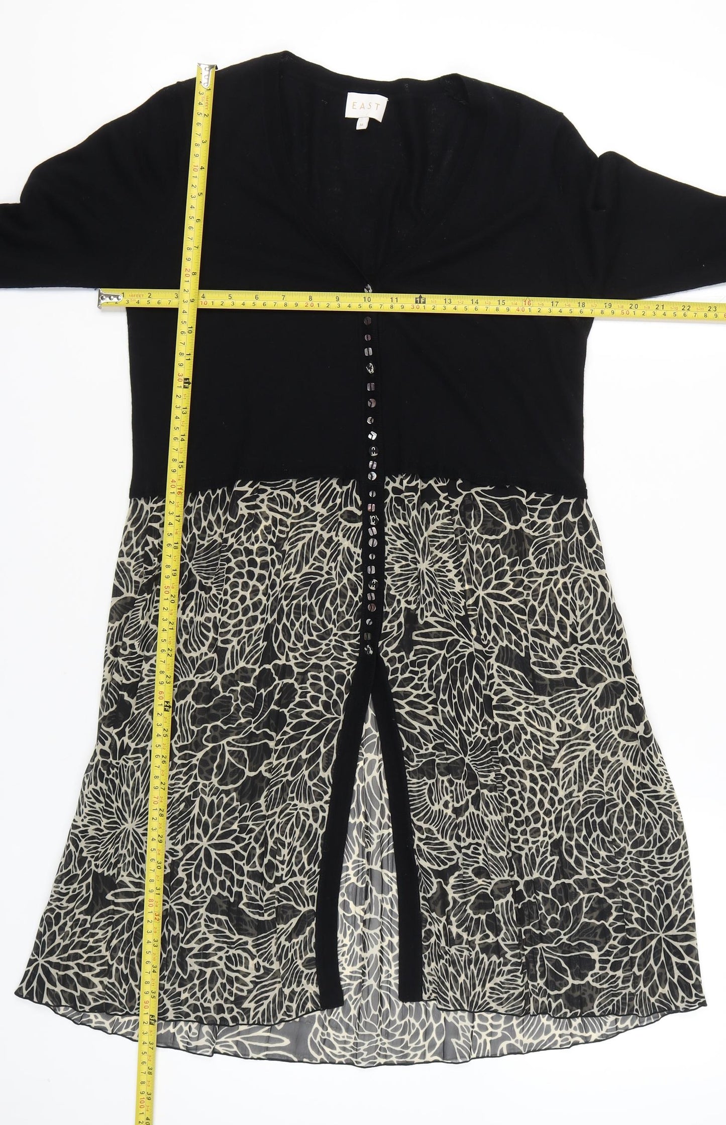 EAST Womens Black Floral Tunic Blouse M Long Sleeve Viscose Wool