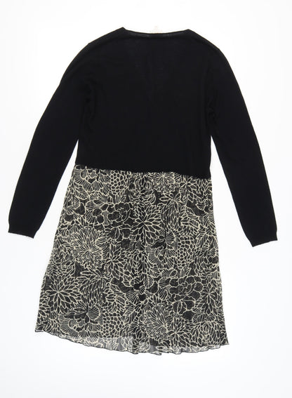 EAST Womens Black Floral Tunic Blouse M Long Sleeve Viscose Wool