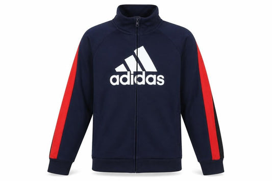 Front view of Adidas boys’ blue track jacket 12 years full zip logo sports activewear