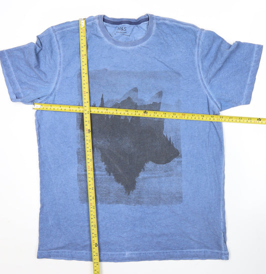 Marks and Spencer Men's Blue Medium Slim Fit Graphic T-Shirt