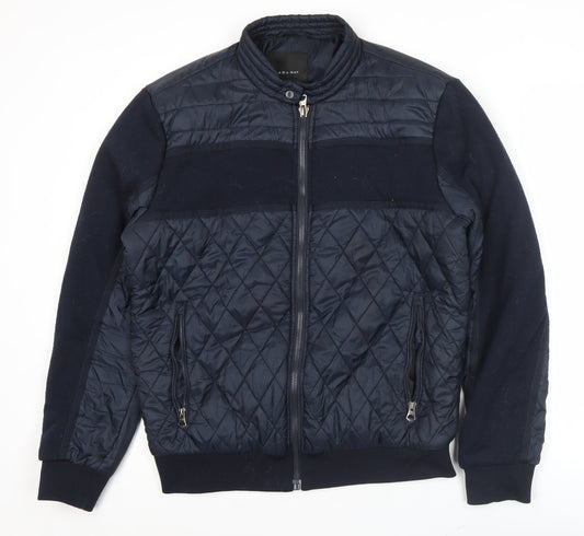 Zara Man Mens Blue Quilted Bomber Jacket L Regular Fit Casual