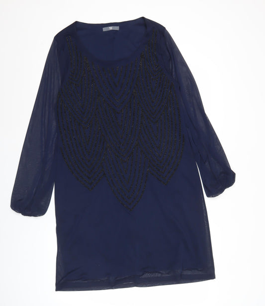 BHS Women’s Blue Sequin Shift Dress Size 16 Long Sleeve