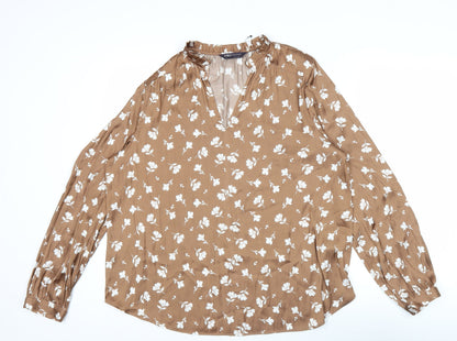 Marks and Spencer Women’s Brown Floral Blouse Size 14 V-Neck Tunic Top