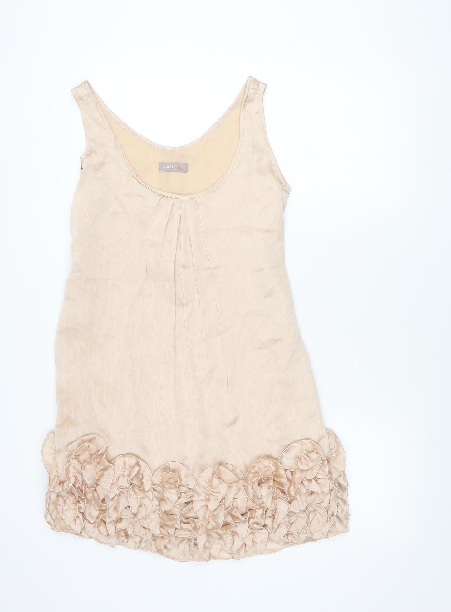 Awear Women’s Beige Shift Dress Size 10 Sleeveless Ruffle Scoop Neck