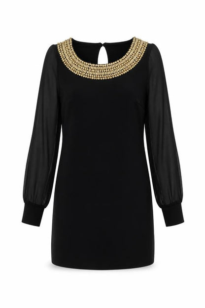 Lipsy Women Black Size 10 Beaded Long Sleeve Shift Dress