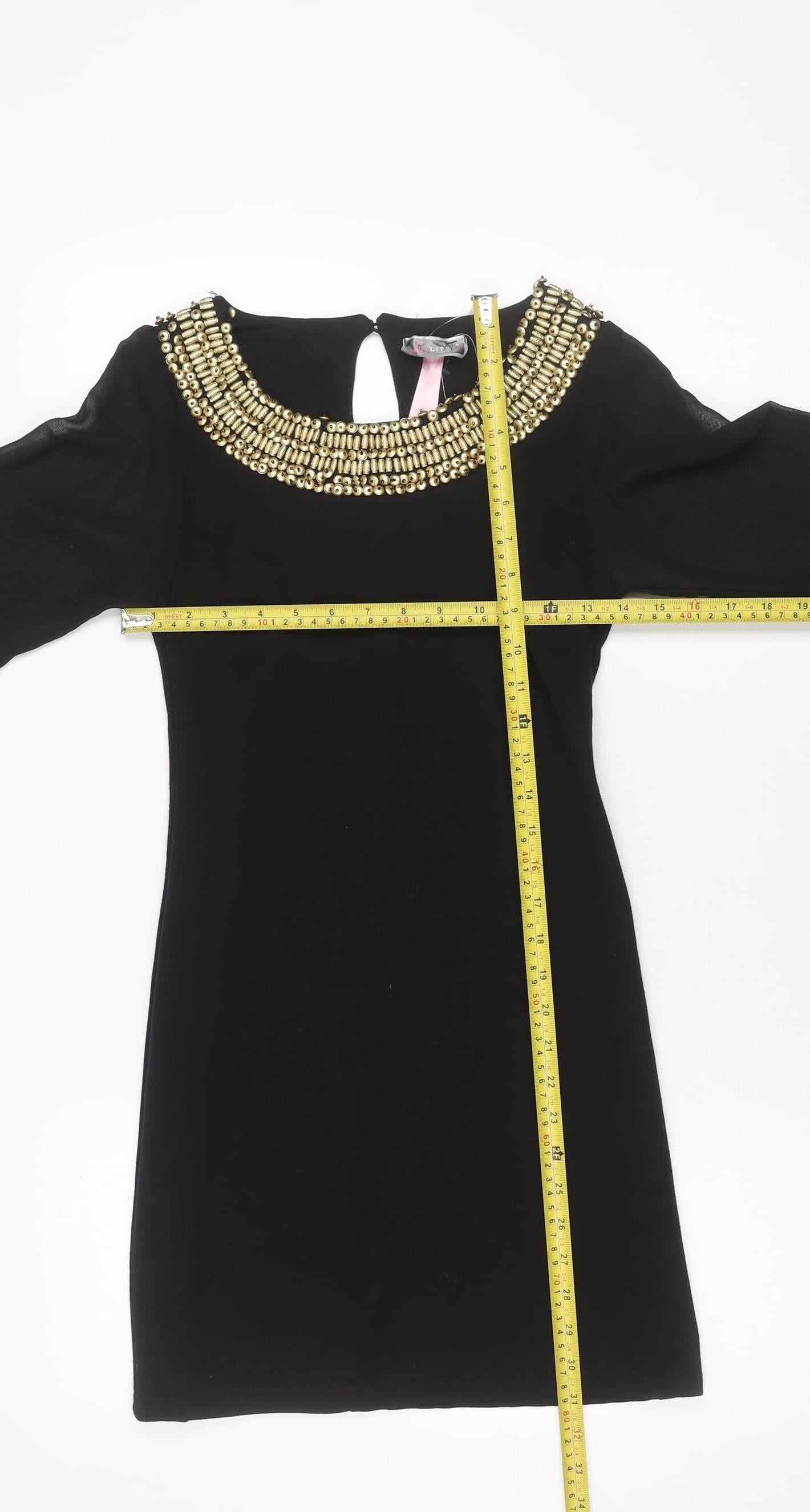 Lipsy Women Black Size 10 Beaded Long Sleeve Shift Dress