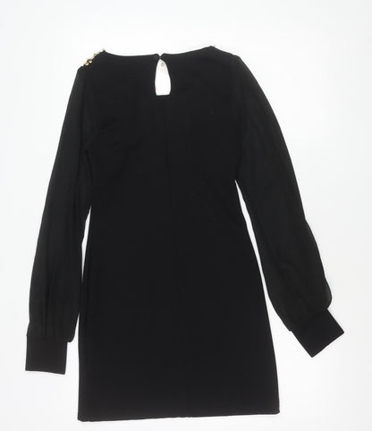 Lipsy Women Black Size 10 Beaded Long Sleeve Shift Dress