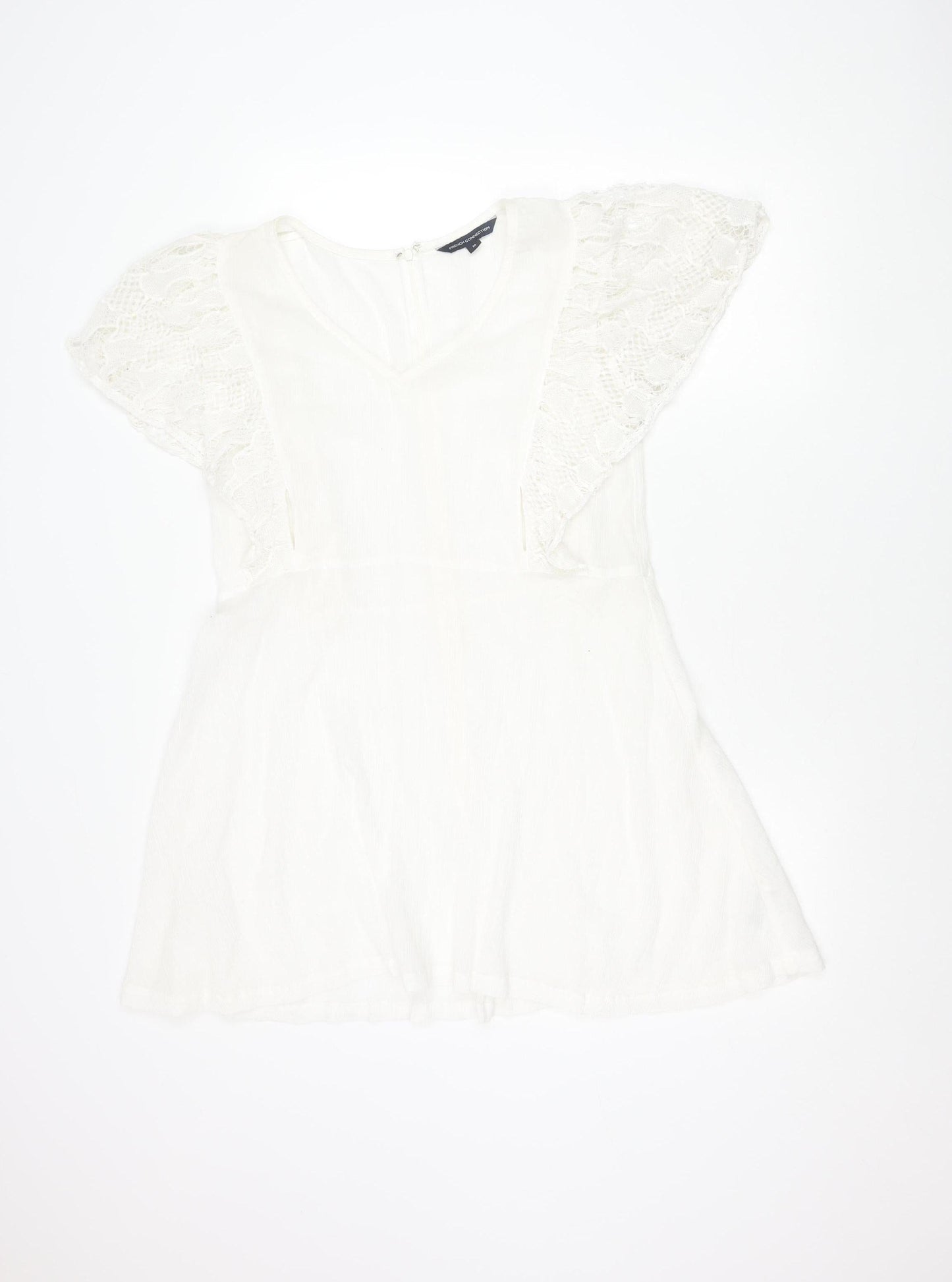 French Connection Women White Cotton A-Line Dress M Short Sleeve V-Neck