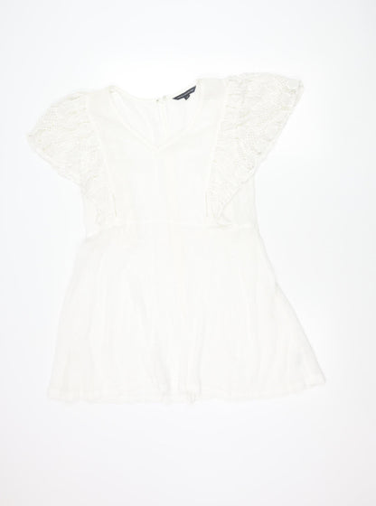 French Connection Women White Cotton A-Line Dress M Short Sleeve V-Neck