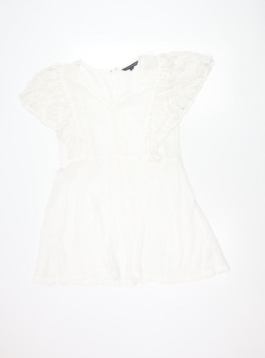 French Connection Women White Cotton A-Line Dress M Short Sleeve V-Neck