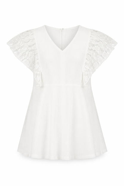 French Connection Women White Cotton A-Line Dress M Short Sleeve V-Neck