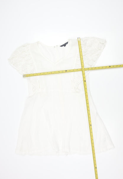 French Connection Women White Cotton A-Line Dress M Short Sleeve V-Neck