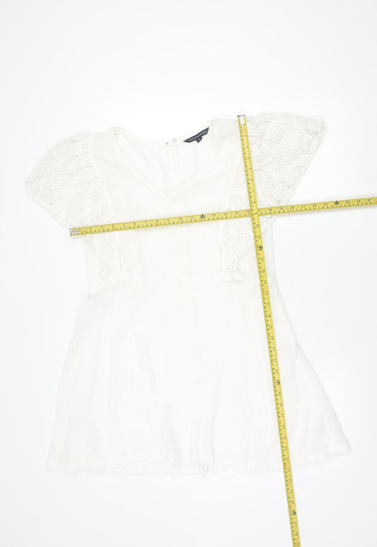 French Connection Women White Cotton A-Line Dress M Short Sleeve V-Neck