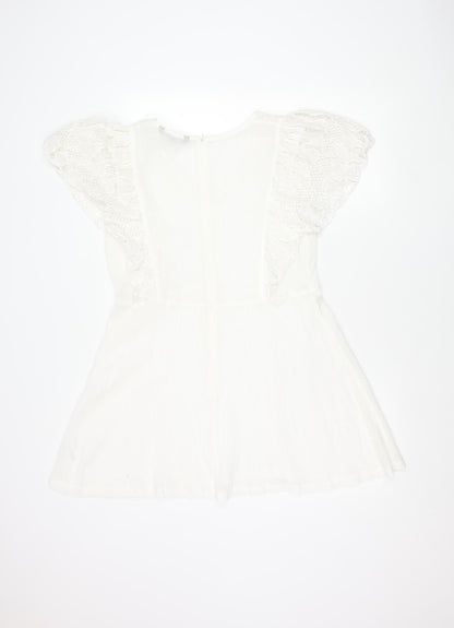 French Connection Women White Cotton A-Line Dress M Short Sleeve V-Neck