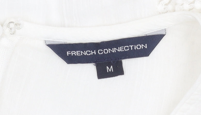 French Connection Women White Cotton A-Line Dress M Short Sleeve V-Neck