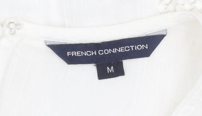 French Connection Women White Cotton A-Line Dress M Short Sleeve V-Neck