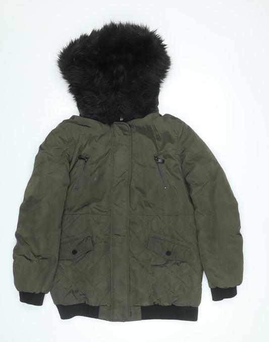 New Look Women’s Green Quilted Puffer Jacket UK 14 Faux Fur Hood