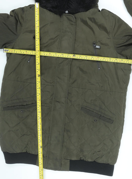 New Look Women’s Green Quilted Puffer Jacket UK 14 Faux Fur Hood