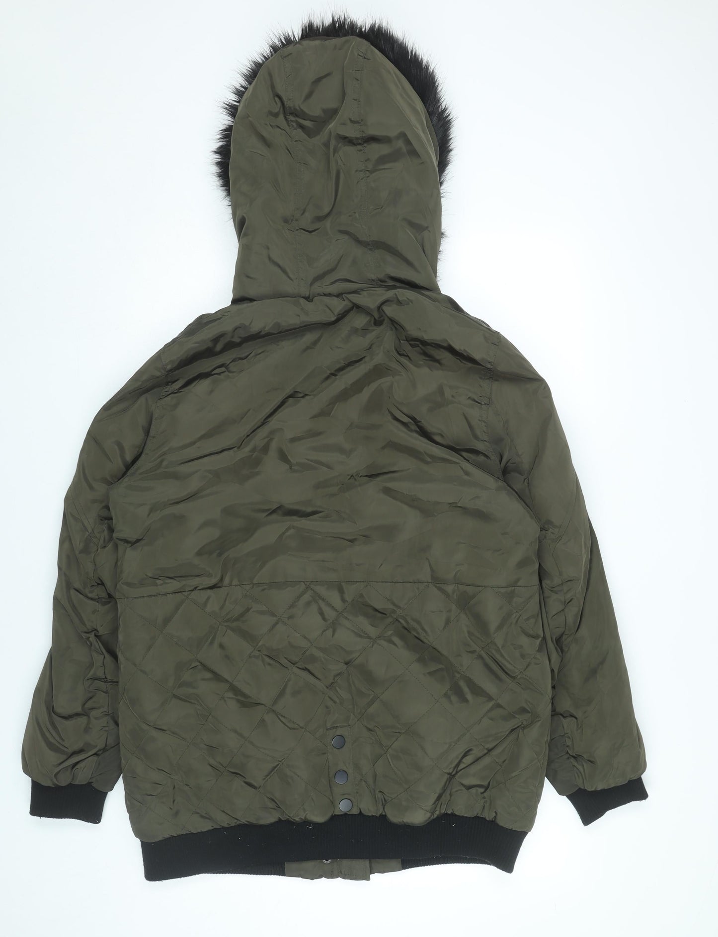 New Look Women’s Green Quilted Puffer Jacket UK 14 Faux Fur Hood