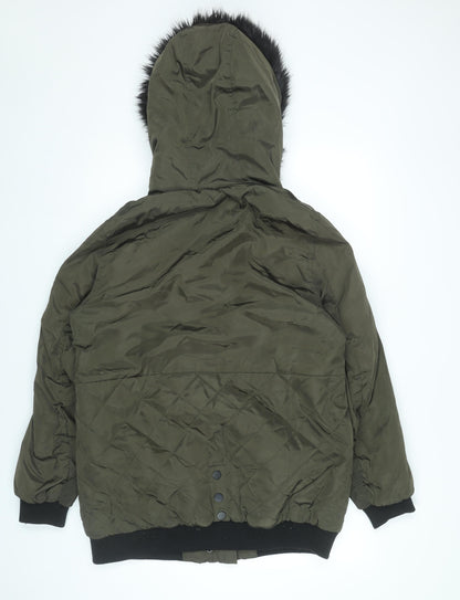 New Look Women’s Green Quilted Puffer Jacket UK 14 Faux Fur Hood