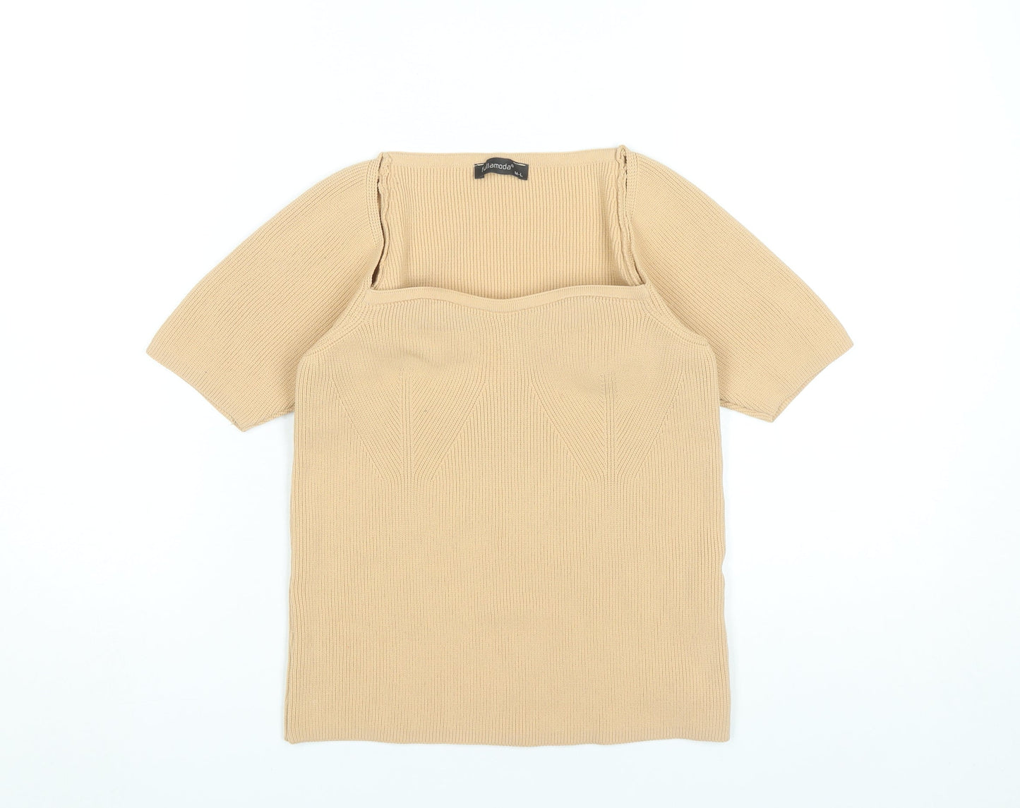 Fullamoda Women’s Beige Knit Square Neck Blouse M Short Sleeve
