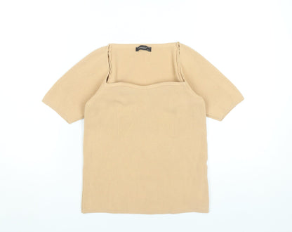 Fullamoda Women’s Beige Knit Square Neck Blouse M Short Sleeve