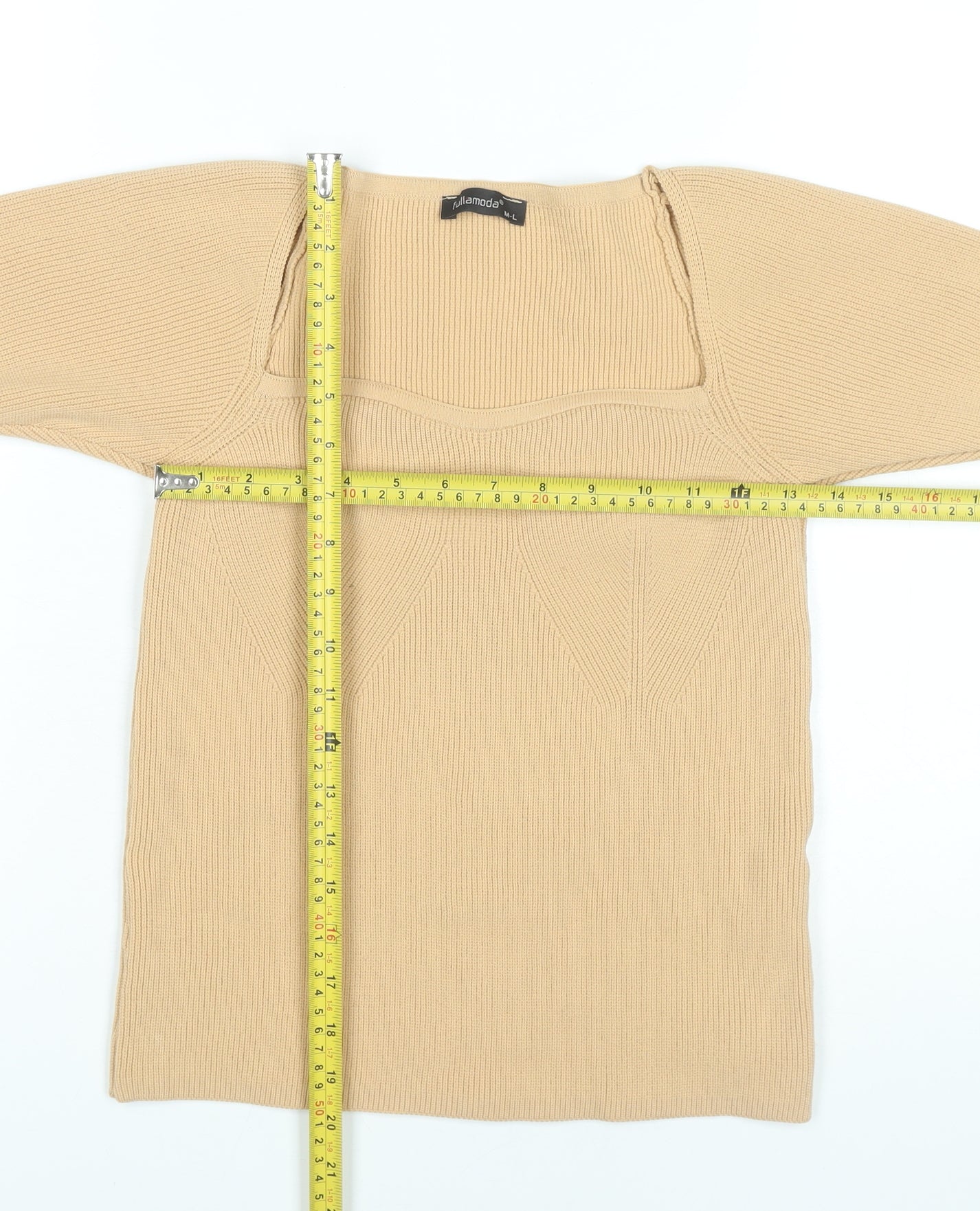 Fullamoda Women’s Beige Knit Square Neck Blouse M Short Sleeve