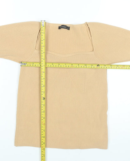 Fullamoda Women’s Beige Knit Square Neck Blouse M Short Sleeve