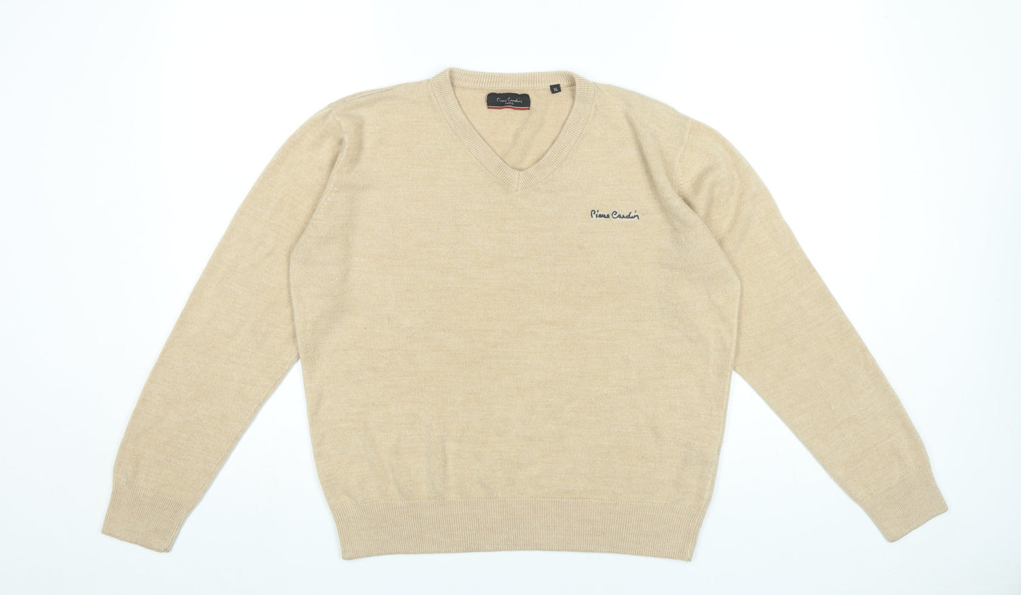 Pierre Cardin Mens Beige XL V-Neck Pullover Jumper Acrylic Knit