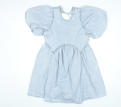 George Women’s Blue Puff Sleeve A-Line Cotton Denim Dress Size 8