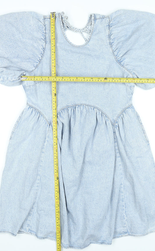 George Women’s Blue Puff Sleeve A-Line Cotton Denim Dress Size 8