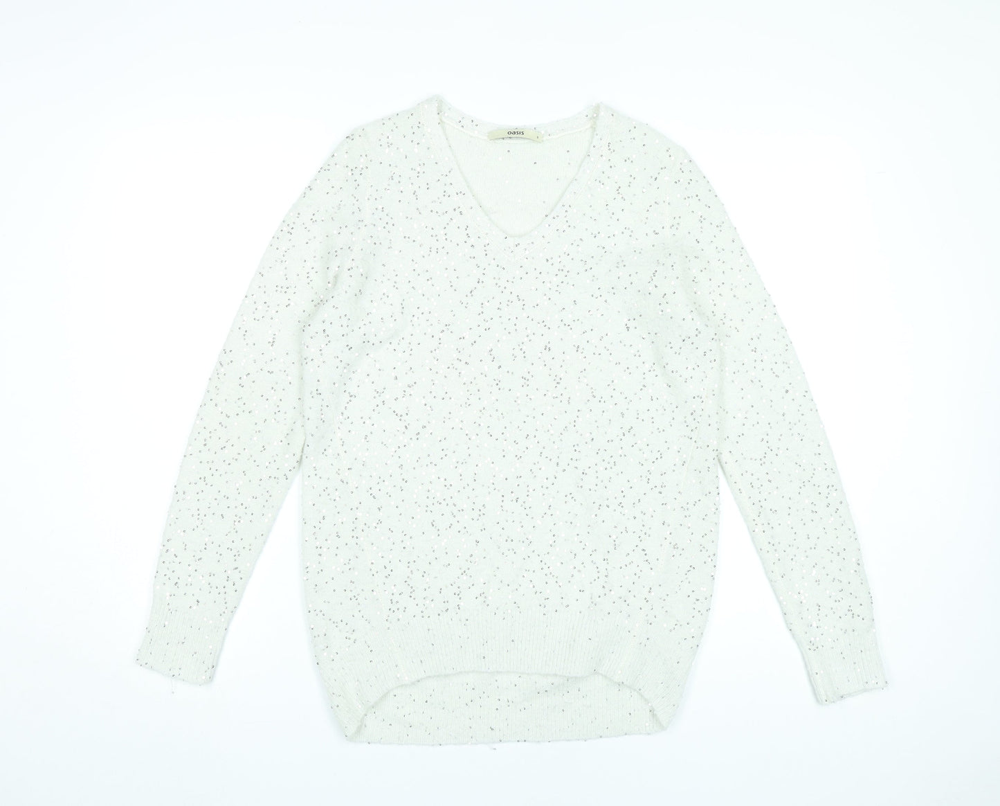 Oasis Womens White Sequin V-Neck Pullover Jumper Size S