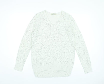 Oasis Womens White Sequin V-Neck Pullover Jumper Size S