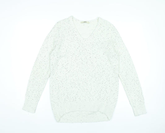 Oasis Womens White Sequin V-Neck Pullover Jumper Size S