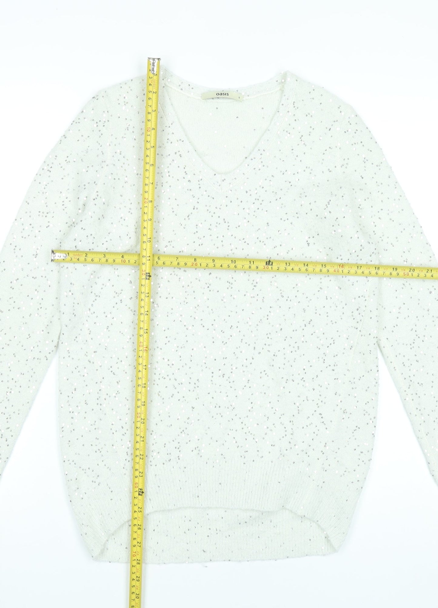 Oasis Womens White Sequin V-Neck Pullover Jumper Size S