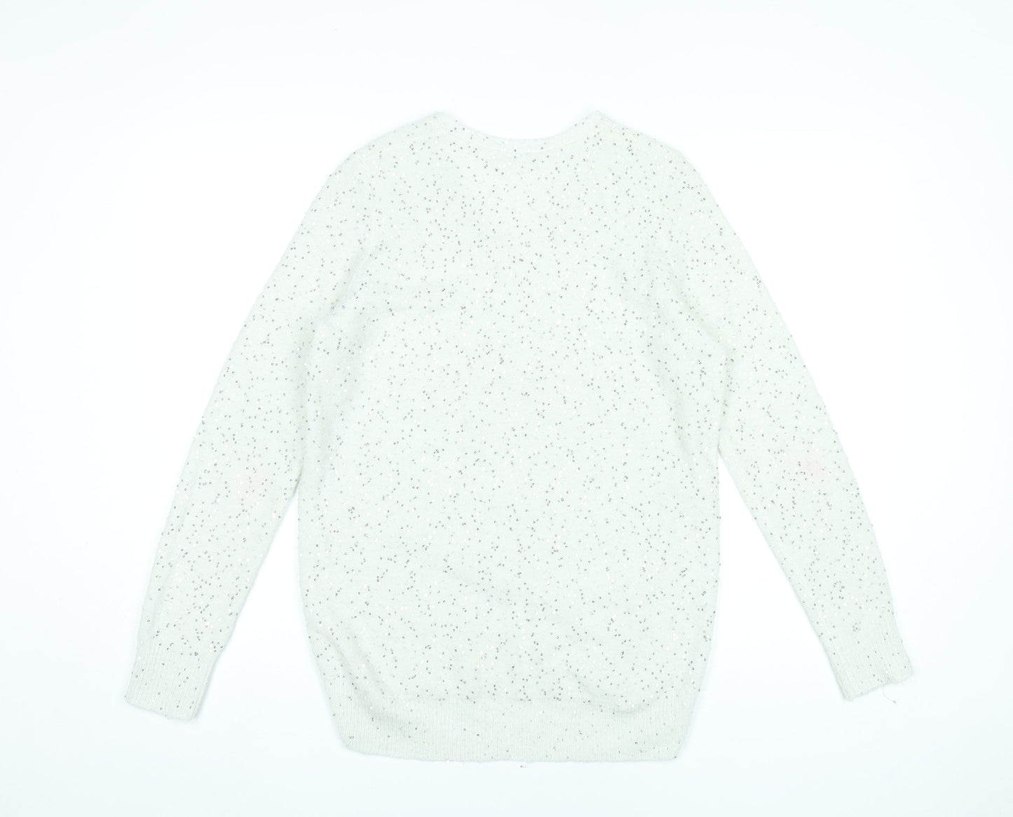 Oasis Womens White Sequin V-Neck Pullover Jumper Size S