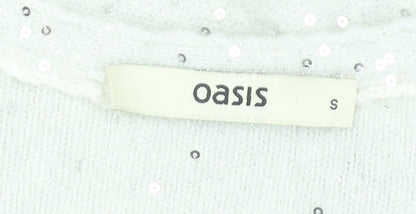 Oasis Womens White Sequin V-Neck Pullover Jumper Size S