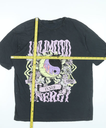 Bershka Women’s Black Graphic T-Shirt Size 12 Cotton Short Sleeve Top