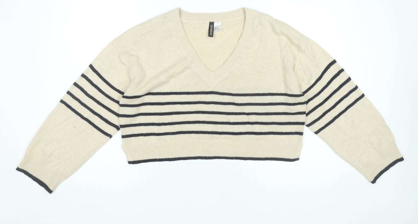 H&M Women’s Beige Striped V-Neck Pullover Jumper Size 12