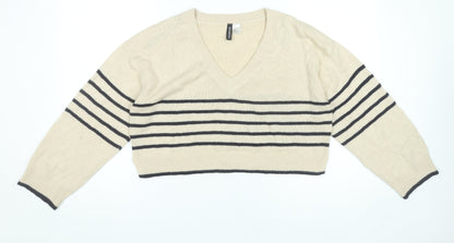 H&M Women’s Beige Striped V-Neck Pullover Jumper Size 12